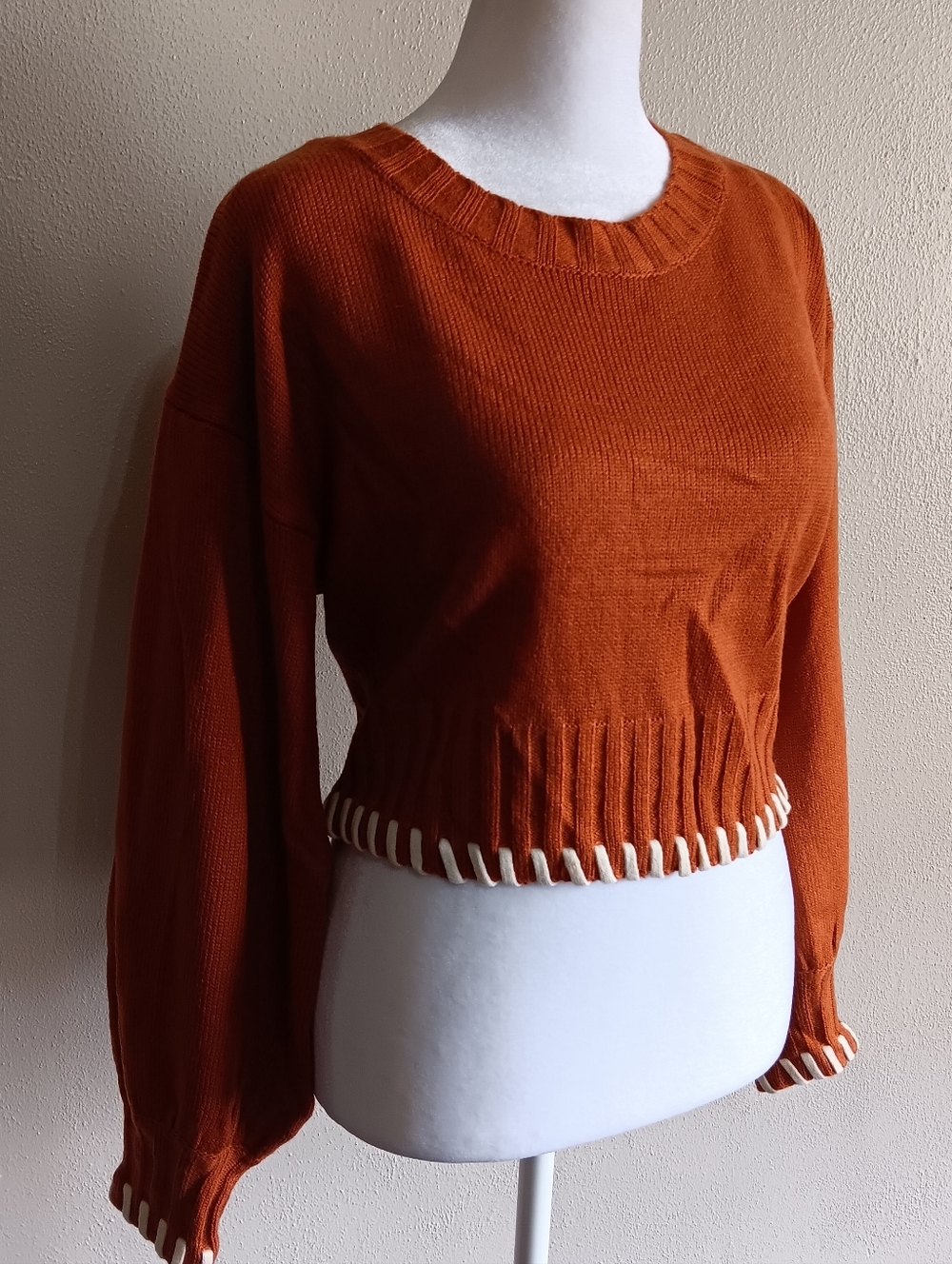 Orange Cropped Balloon Sleeve Sweater with Laced Stitching, Blue Blush Sz Small